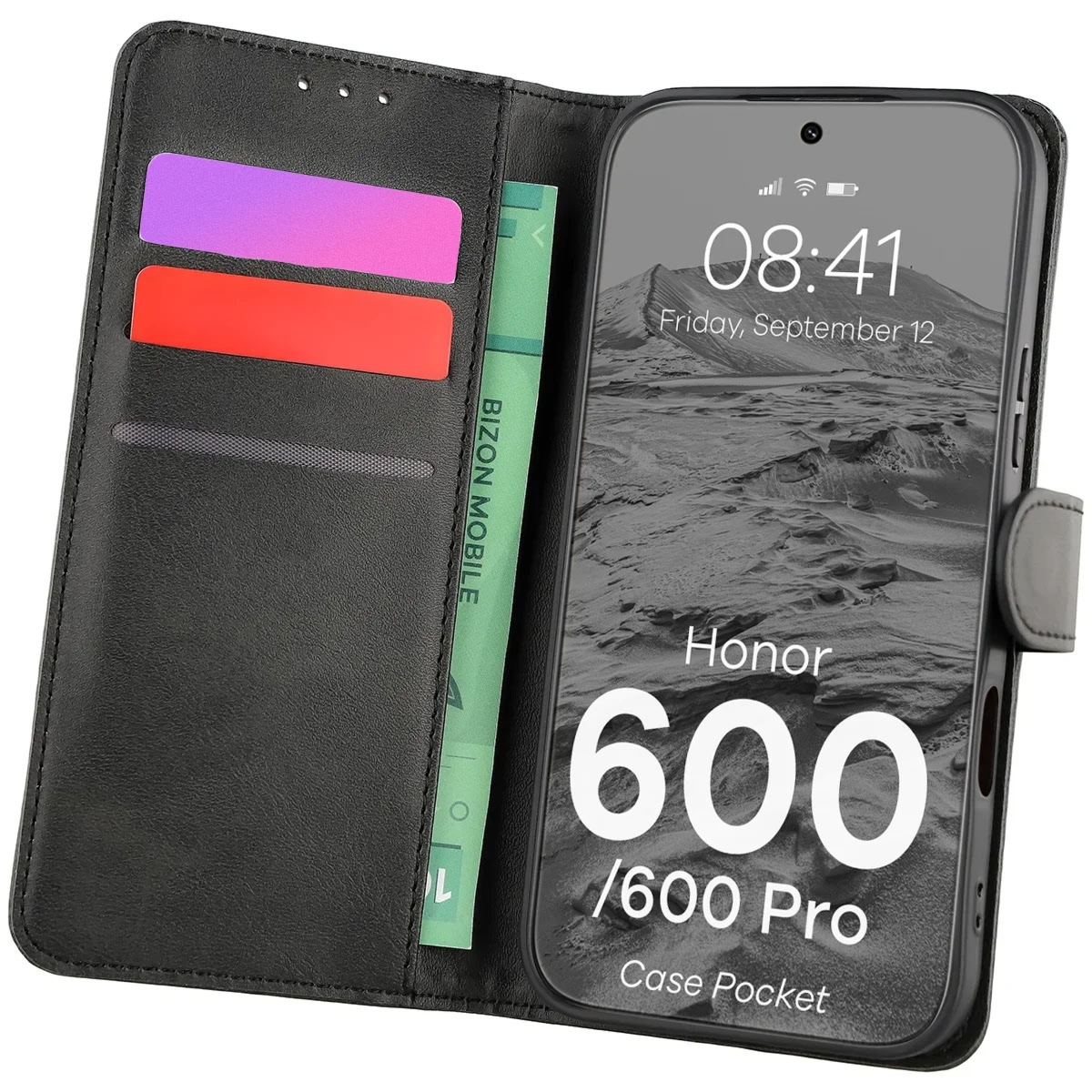 Etui z klapką Bizon Case Pocket do Honor 600 5G / 600 Pro 5G, czarne