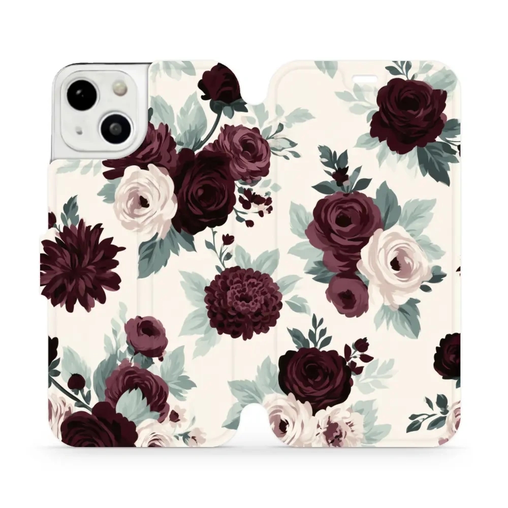 Etui z klapką do iPhone 13, Mobiwear Book, róże z szałwią na kremie