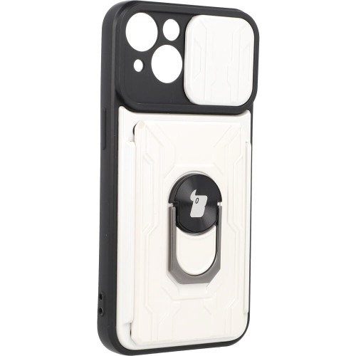 Image of Etui Bizon Case Camshield Card Slot Ring do iPhone 14, białe