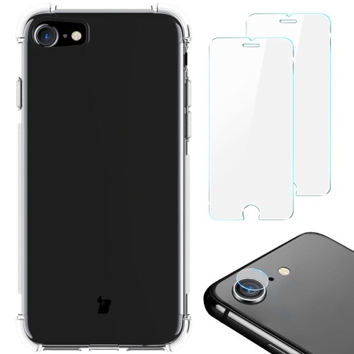 Image of Etui + 2x szkło + obiektyw Bizon Case Clear Pack do iPhone SE 2022/2020, 8/7, przezroczyste