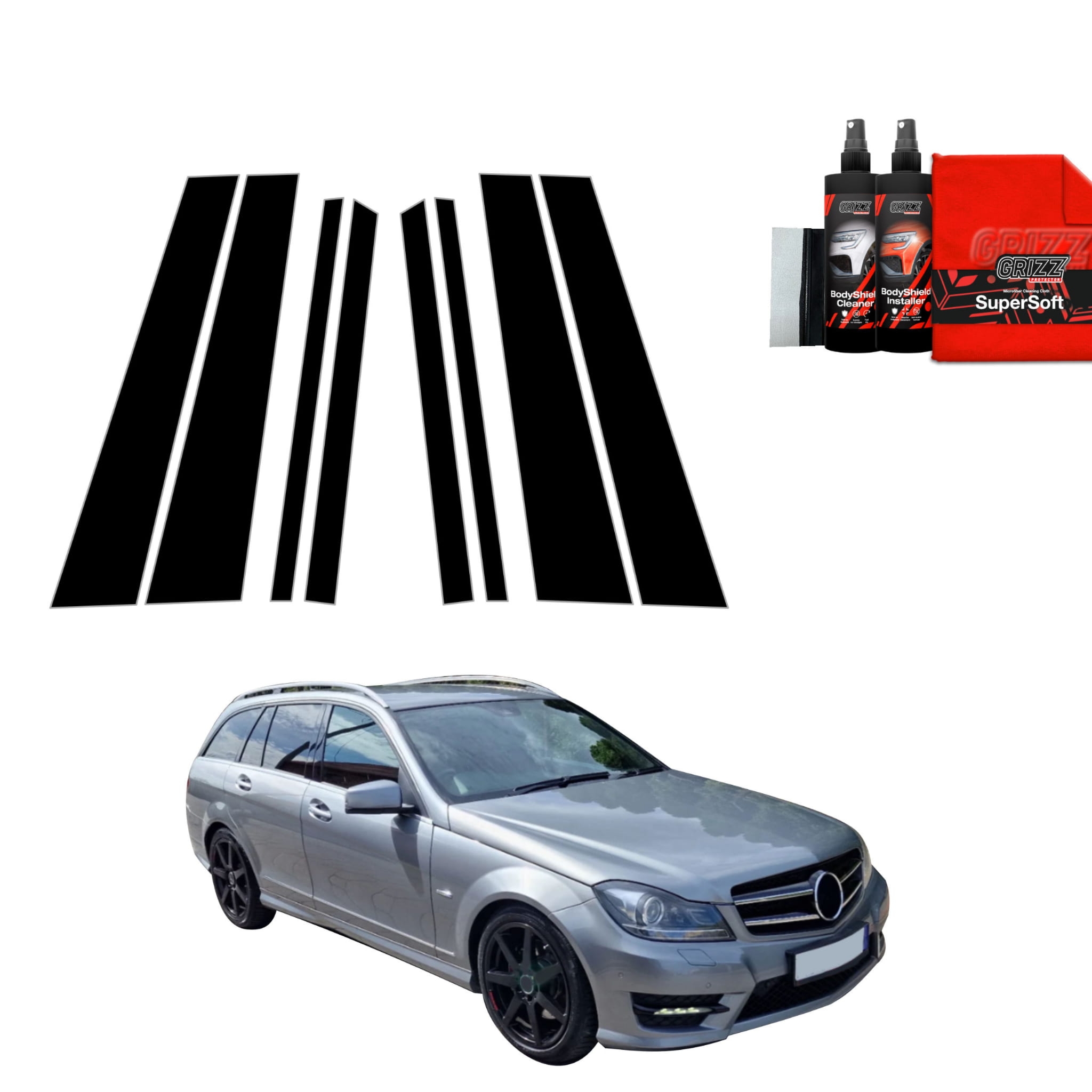 8w1 Czarna folia Grizz Protector na słupki do Mercedes Benz C Klasa S204 Kombi Facelifting (2011-2014)
