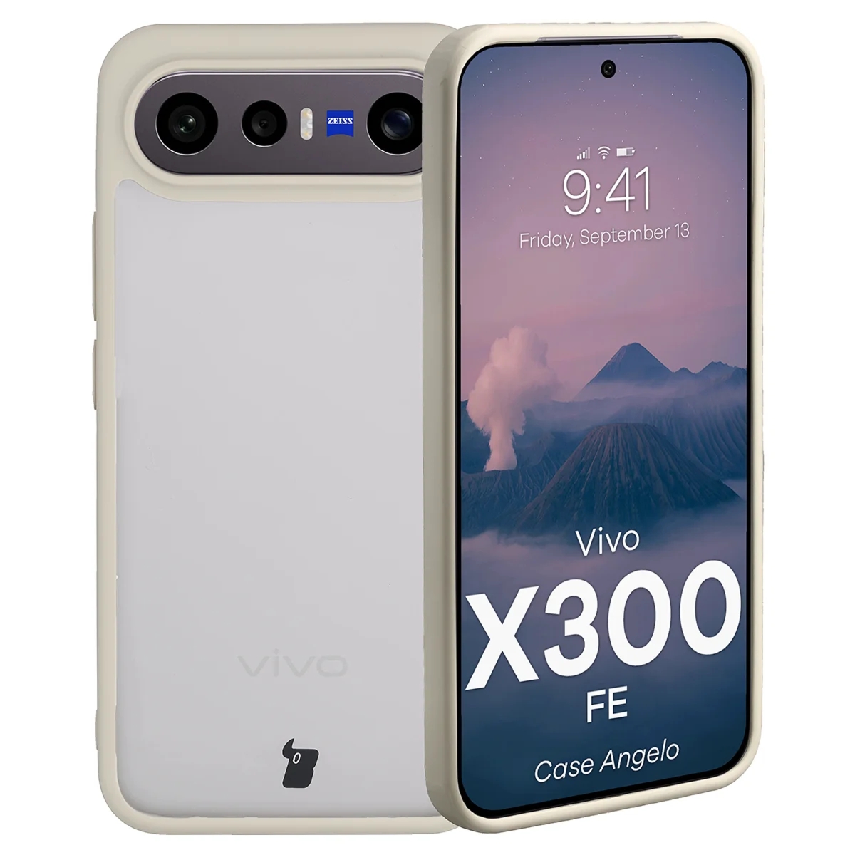 Etui Bizon Case Angelo do Vivo X300 FE, półprzezroczyste z beżową ramką