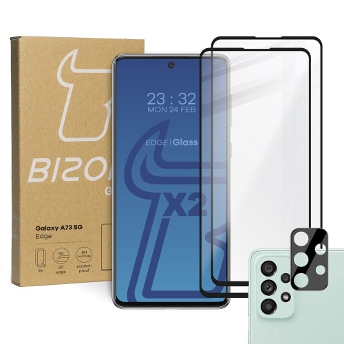 Image of Szkło hartowane Bizon Glass Edge - 2 sztuki + ochrona na obiektyw, Galaxy A73, czarne