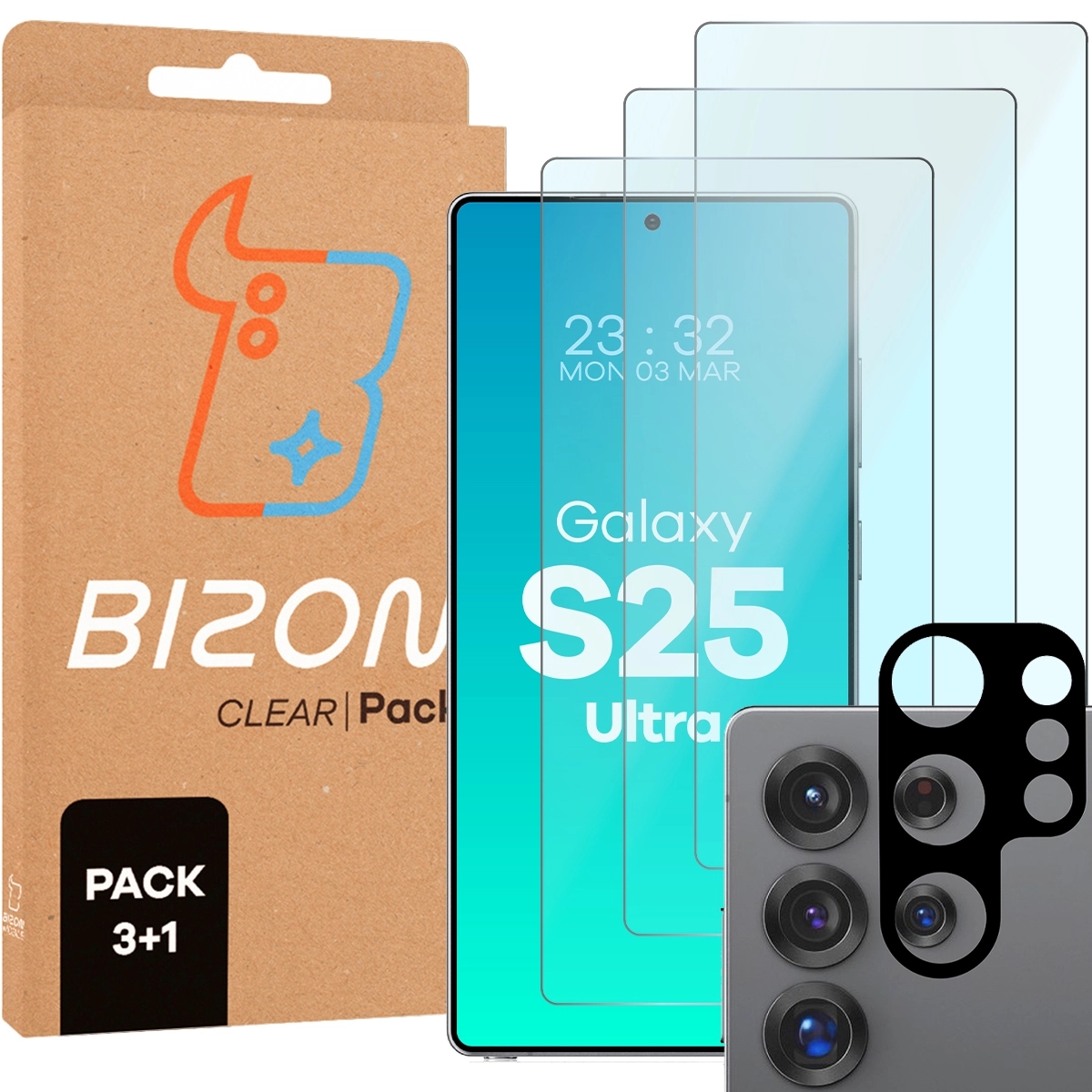 Image of 3x Szkło hartowane + szybka na aparat Bizon Glass Clear 2 Pack do Galaxy S25 Ultra