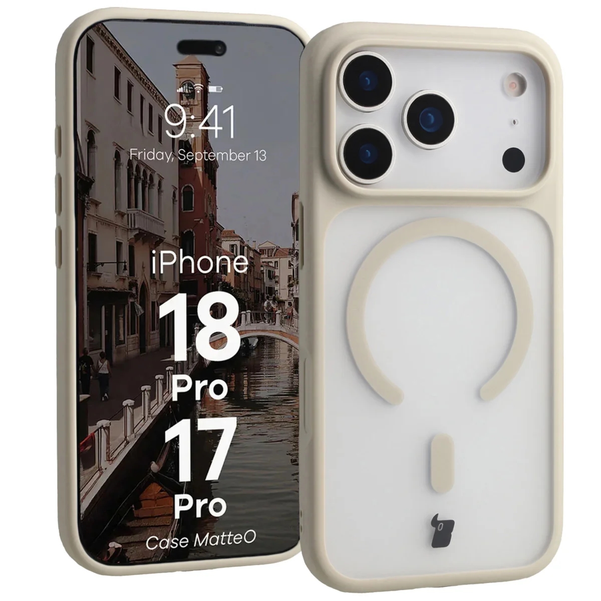 Etui z pierścieniem magnetycznym Bizon Case MatteO do iPhone 18 Pro / 17 Pro, przydymione-beżowe