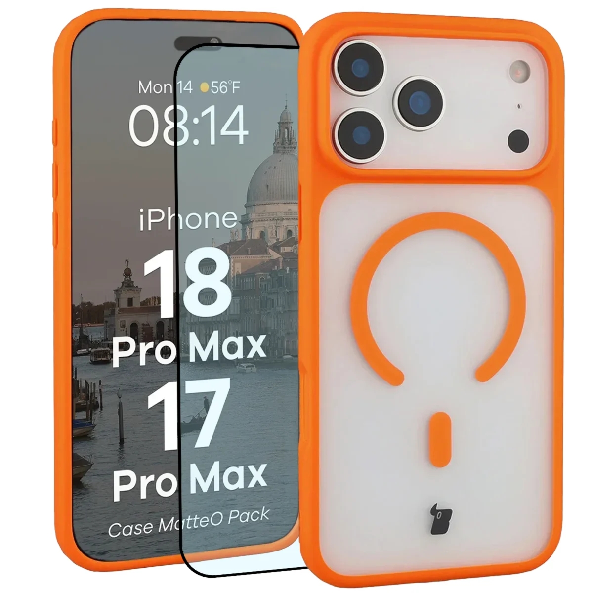 Etui z pierścieniem magnetycznym + szkło hartowane Bizon MatteO Pack do iPhone 18 Pro Max / 17 Pro Max, przydymione-pomarańczowe