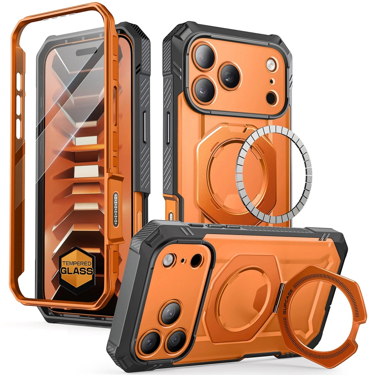 Etui pancerne + szkło 9H Supcase UB Grip Pro Mag SPG (CC) do MagSafe do iPhone 18 Pro Max / 17 Pro Max, szaro-przezroczysto-pomarańczowe