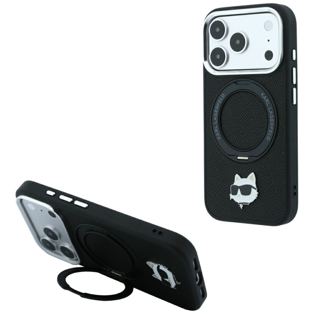 Etui Karl Lagerfeld Ring Stand 360 Choupette Head Pin do iPhone 18 Pro / 17 Pro do MagSafe, czarne