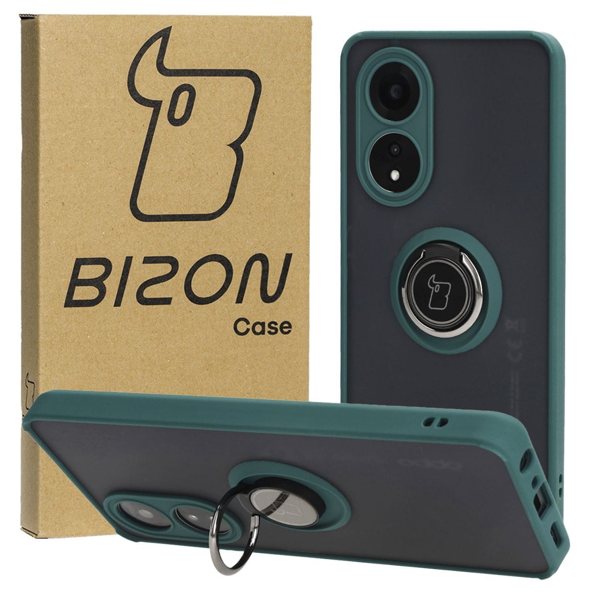 Image of Etui z uchwytem na palec Bizon Case Hybrid Ring do Oppo A58 4G, przydymione z ciemnozieloną ramką