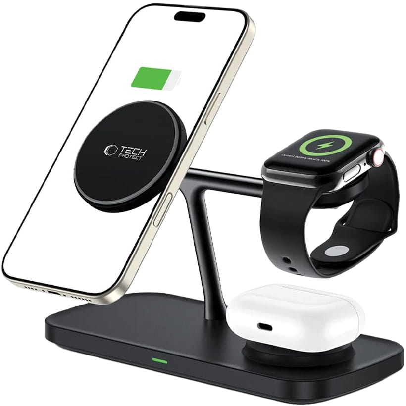 Image of Ładowarka indukcyjna 3w1, Tech-Protect A45 Magnetic Stand Qi 15W do MagSafe, czarna