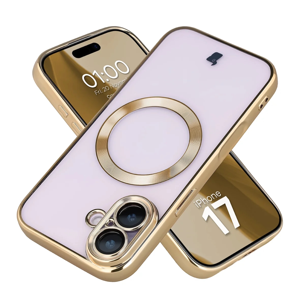 Etui z ochroną aparatu i pierścieniem magnetycznym Bizon Case GuardO do iPhone 17, przezroczysto-złote