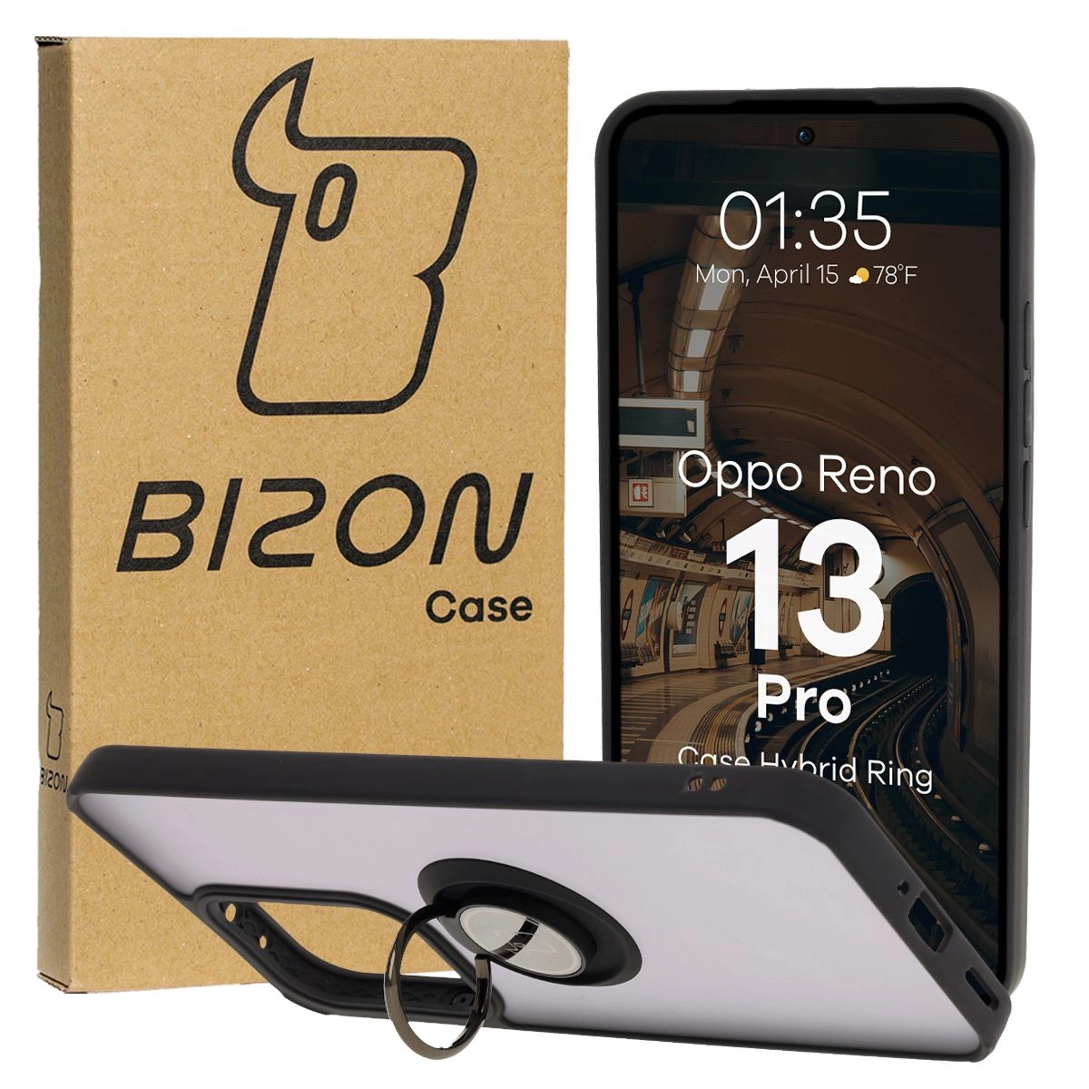 Image of Etui z uchwytem na palec Bizon Case Hybrid Ring do Oppo Reno13 Pro, przydymione z czarną ramką