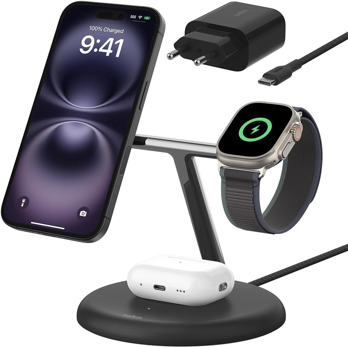 Image of Ładowarka indukcyjna Belkin Boost Pro 3-in-1 Qi2 15W dla Apple Watch / AirPods / iPhone z MagSafe +PSU WIZ023, czarna