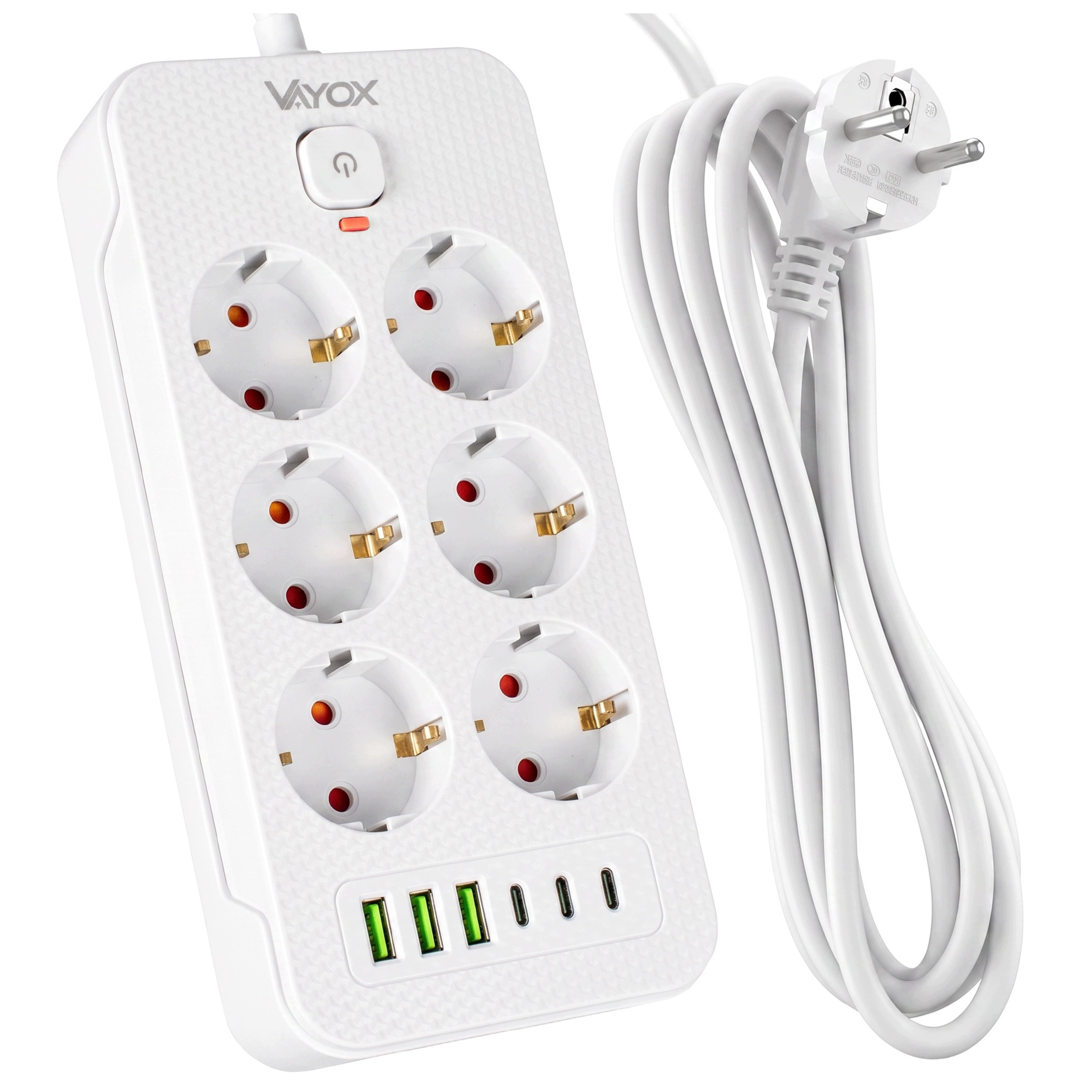 Listwa zasilająca/przedłużacz Vayox VA0465W-2, 6x gniazdo sieciowe Schuko, 3x USB-C, 3x USB-A, wraz z kablem 2m, biała