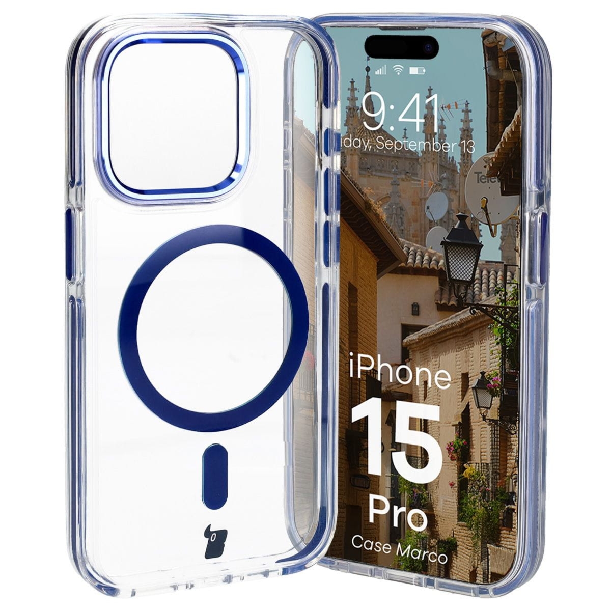 Etui z pierścieniem magnetycznym Bizon Case Marco do iPhone 15 Pro, przezroczyste z niebieską ramką