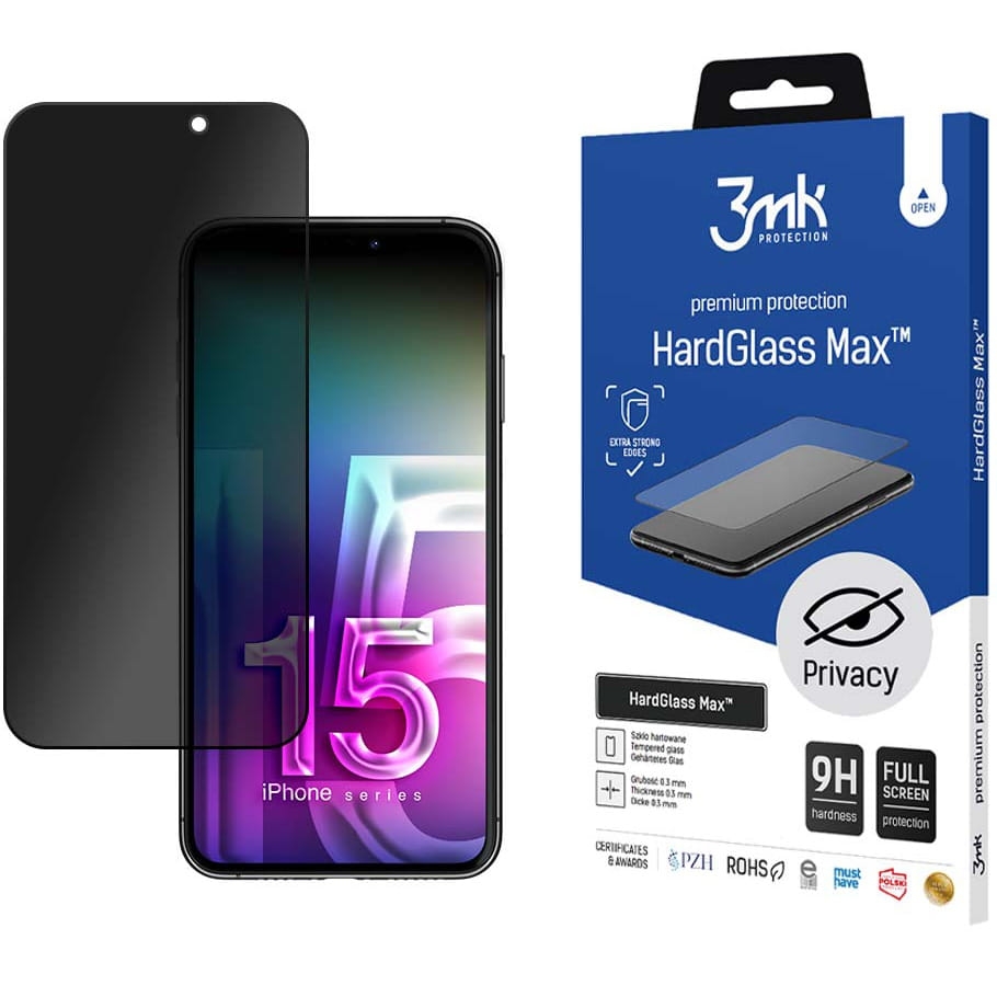 Image of Szkło prywatyzujące 3mk HardGlass Max Privacy do iPhone 15 Pro, czarna ramka