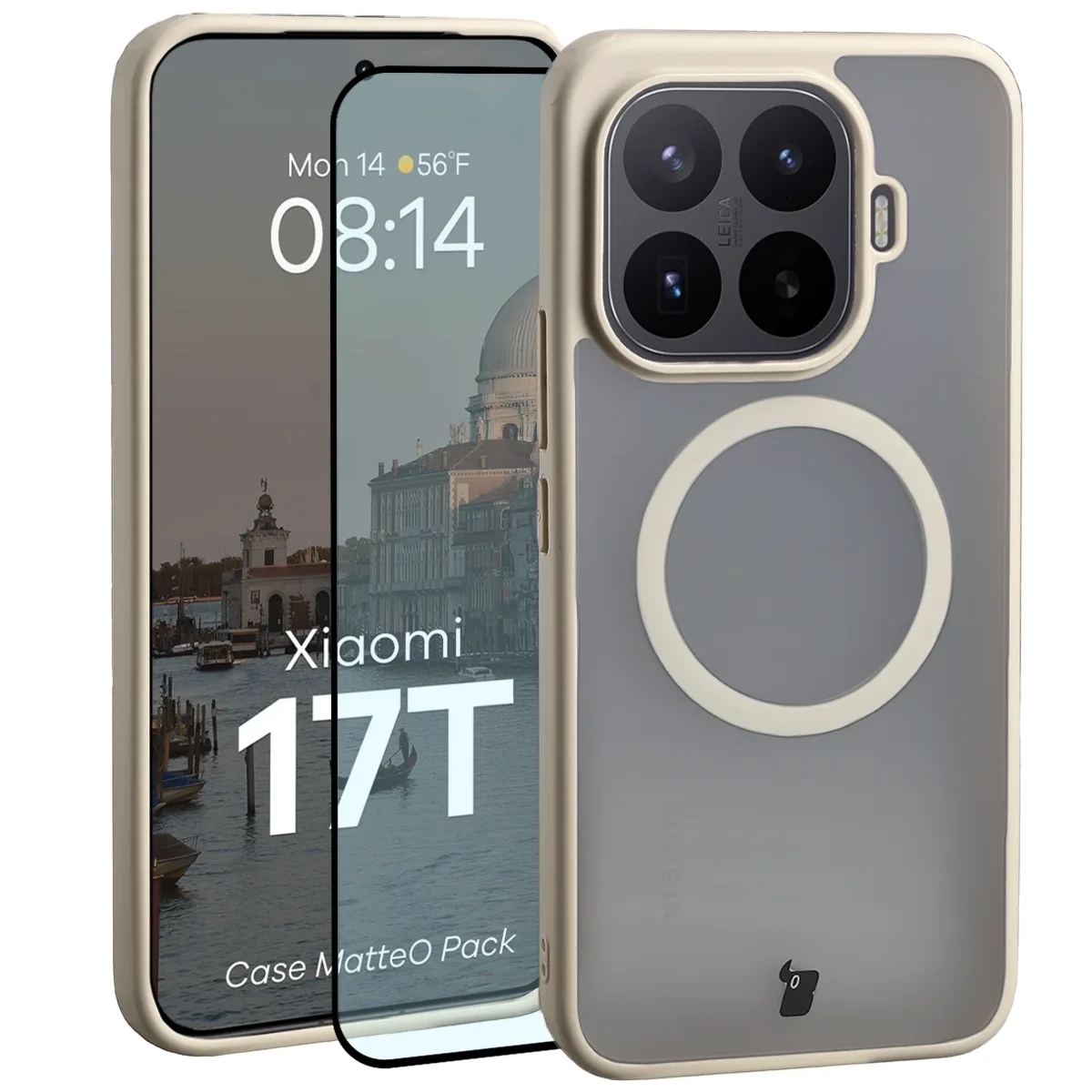Etui z pierścieniem magnetycznym + szkło hartowane Bizon MatteO Pack do Xiaomi 17T, przydymione-beżowe