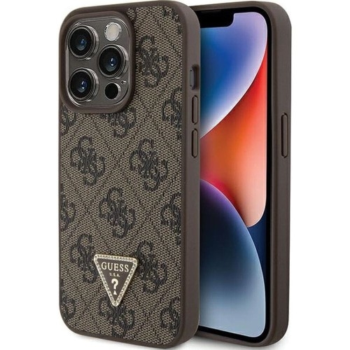 Image of Etui Guess HardCase Leather 4G Triangle Strass do iPhone 15 Pro, brązowe