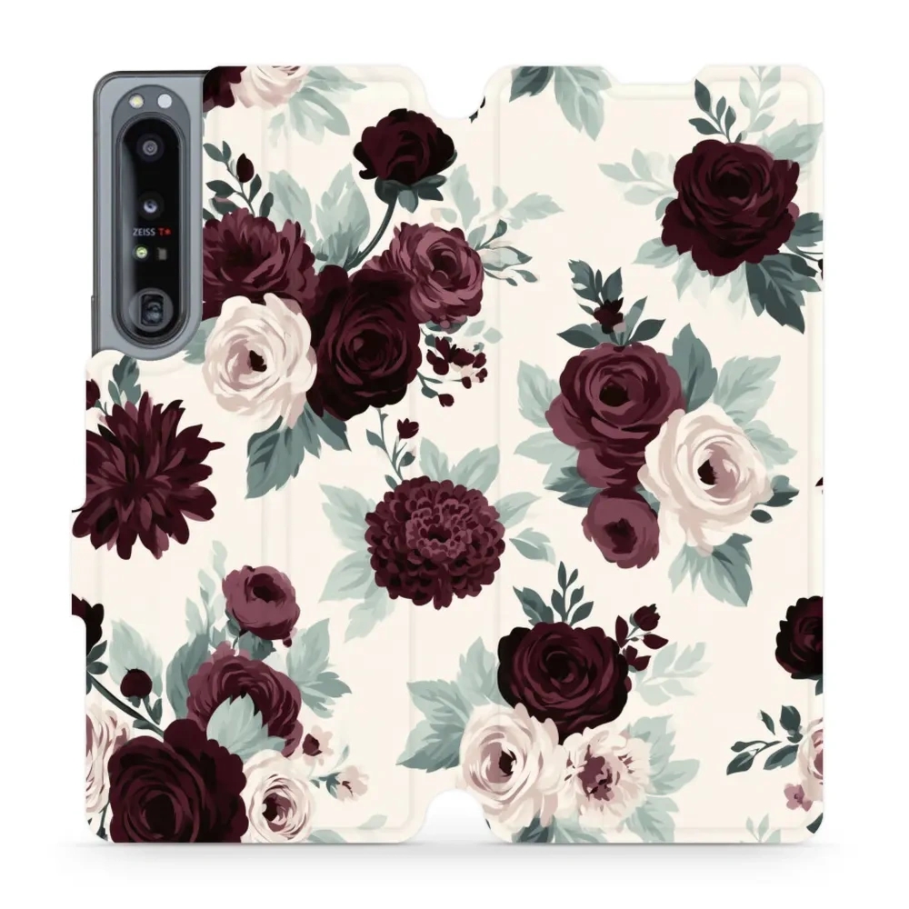 Etui z klapką do Sony Xperia 1 IV, Mobiwear Book, róże z szałwią na kremie