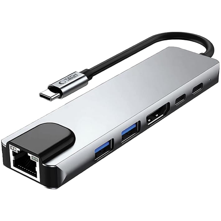 Image of Hub, adapter Tech-Protect HB02, 6w1 1x USB-A 3.0, 1x USB-A 2.0, 2x USB-C, 100W PD, HDMI, RJ-45, szary