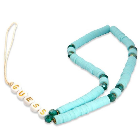 Zawieszka Guess Phone Heishi Beads Strap, niebieska ze złotymi zdobieniami