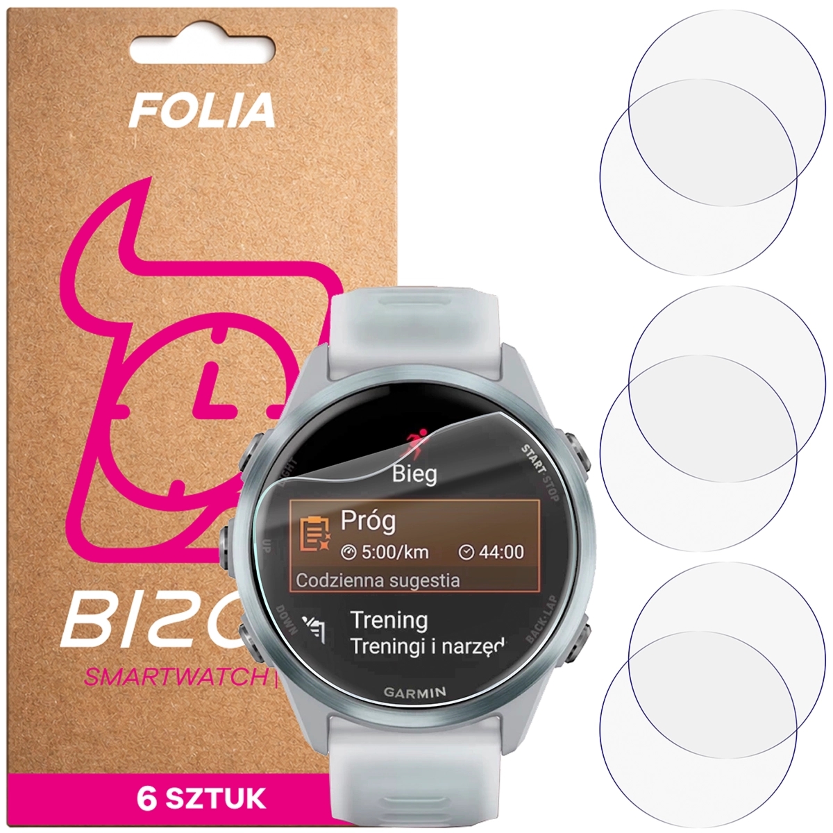 Folia ochronna na ekran zegarka Bizon Watch Film HydroFlex do Garmin Forerunner 570 42 mm, 6 sztuk