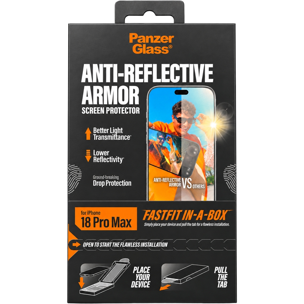 Szkło hartowane, antyrefleksyjne PanzerGlass Anti-reflective Armor Screen Protector do iPhone 18 Pro Max z aplikatorem FastFit
