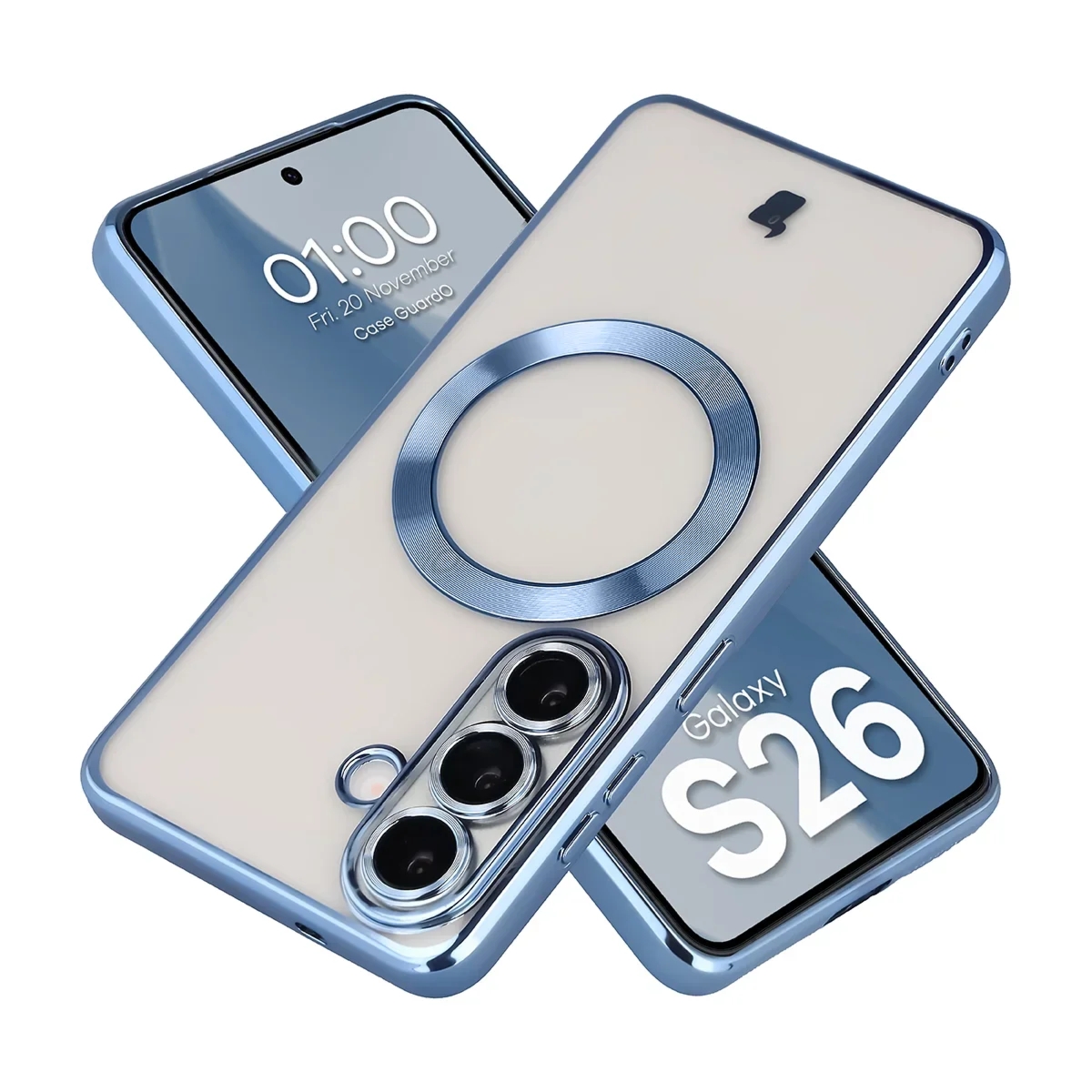 Etui z ochroną aparatu i pierścieniem magnetycznym Bizon Case GuardO do Galaxy S26, przezroczysto-niebieskie