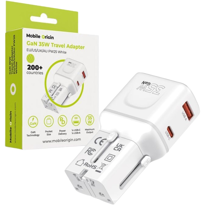 Ładowarka podróżna GaN USB-C PD, USB-A, 35W, Mobile Origin PW25 do wtyczek EU / US / UK / AU, biała