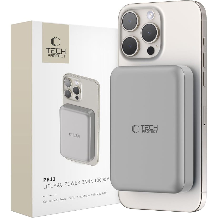 Image of Powerbank z ładowaniem indukcyjnym 10000mAh 15W + kabel USB-C 0.5m, Tech-Protect PB11 Lifemag, szary