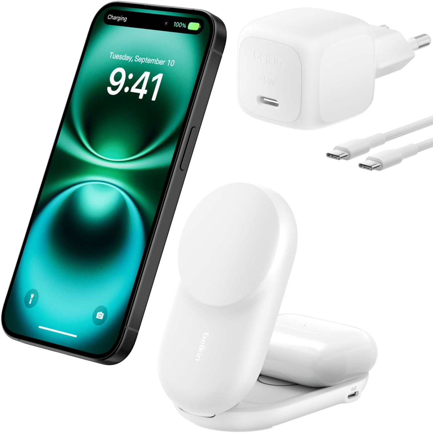 OUTLET: Ładowarka indukcyjna Belkin Ultra Charge Foldable Round 2-in-1 Qi2.2 25W dla AirPods / iPhone z MagSafe +PSU WIZ039, biała