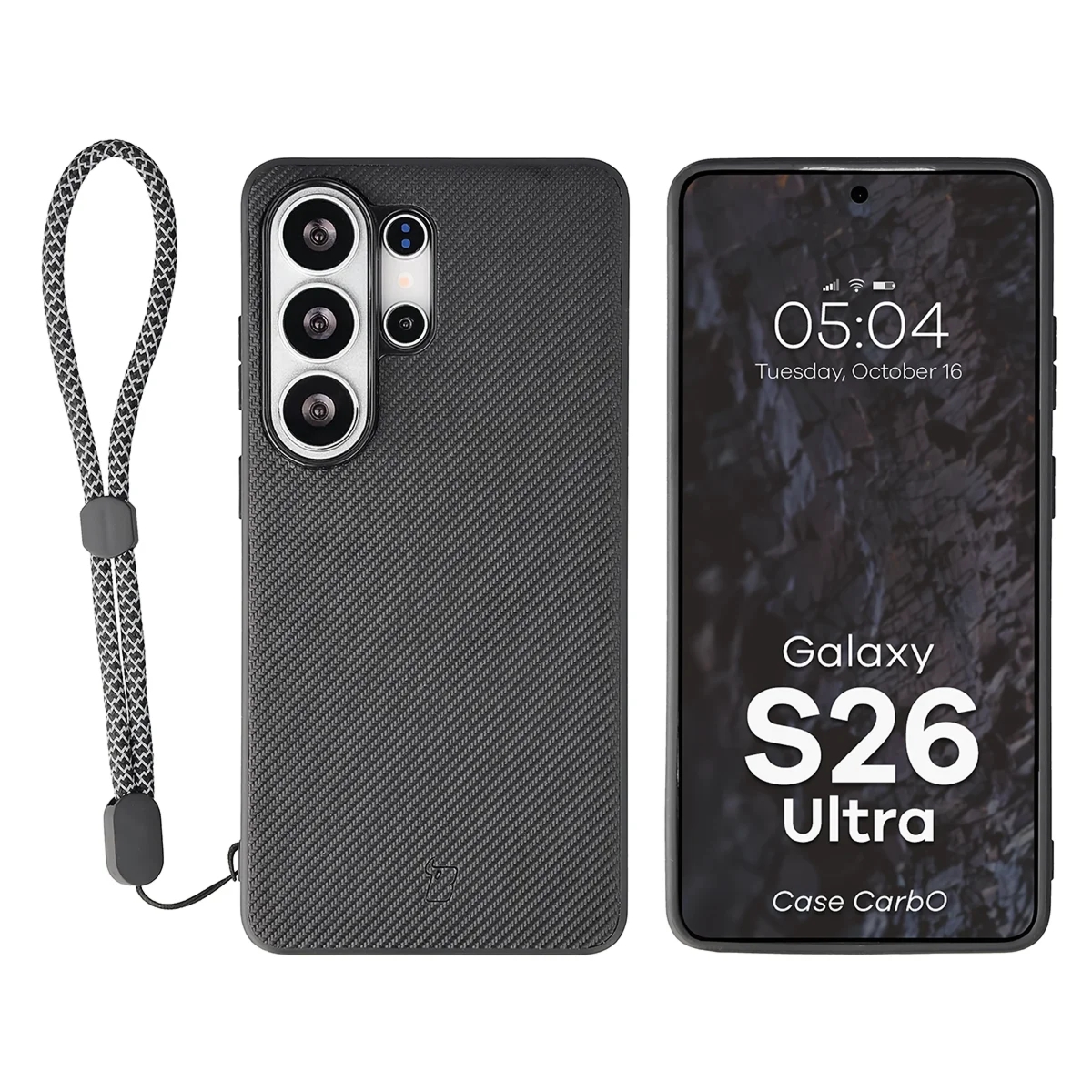 Etui ze smyczką na nadgarstek i pierścieniem magnetycznym Bizon Case CarbO do Galaxy S26 Ultra, czarne