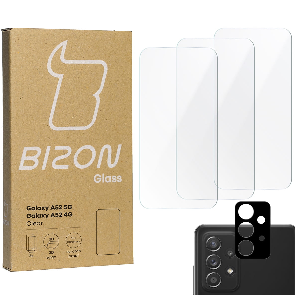 Image of 3x Szkło hartowane + szybka na aparat Bizon Glass Clear Pack, Galaxy A52s 5G, A52 4G/5G