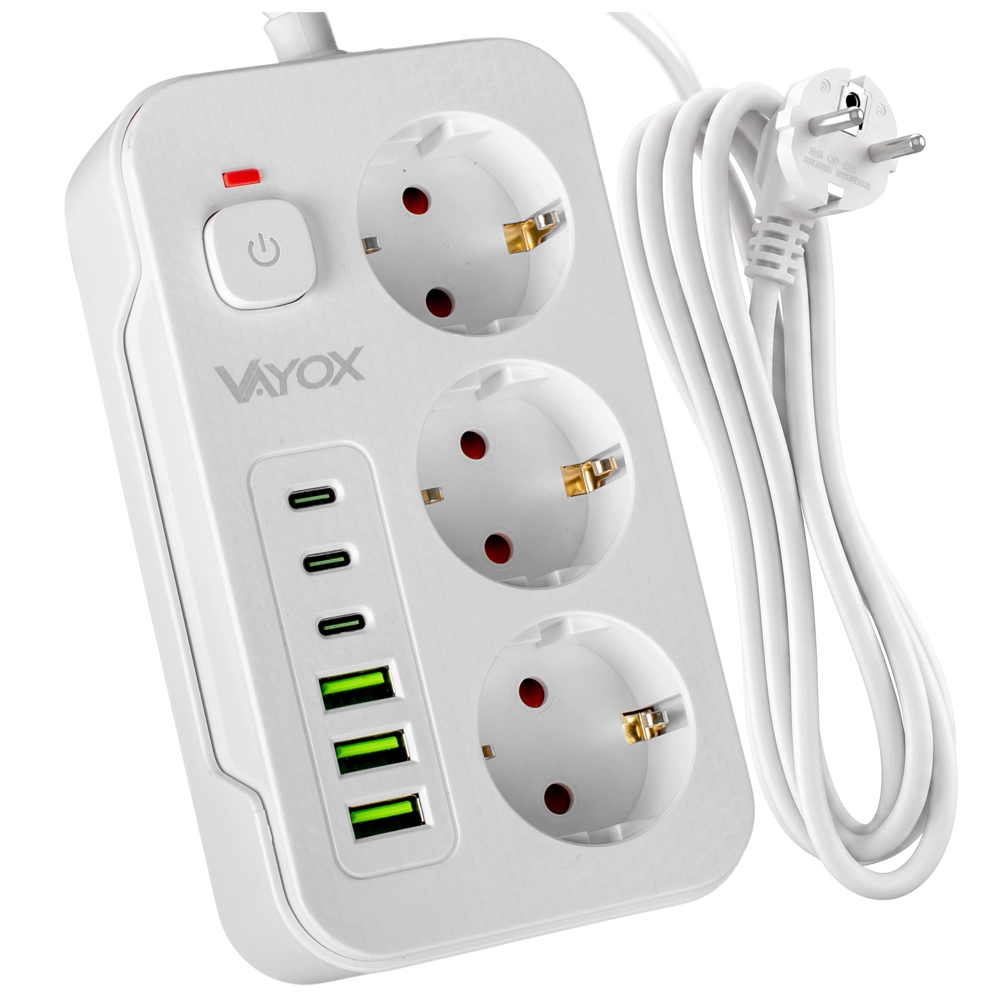 Listwa zasilająca/przedłużacz Vayox VA0468W-5, 3x gniazdo sieciowe Schuko, 3x USB-C, 3x USB-A, wraz z kablem 5m, biała