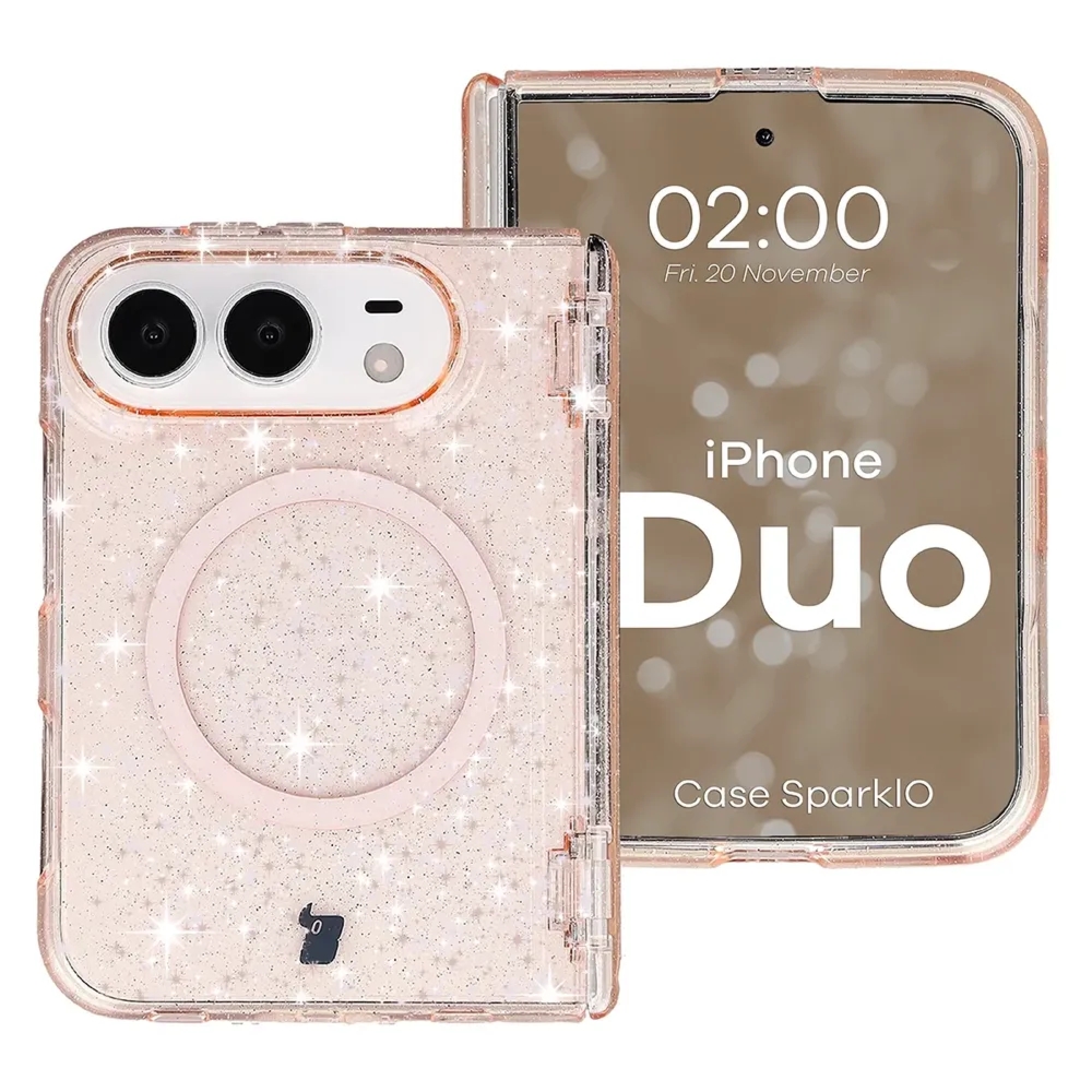 Etui brokatowe z pierścieniem magnetycznym Bizon Case SparklO do iPhone Duo, przezroczysto-jasnopomarańczowe z brokatem