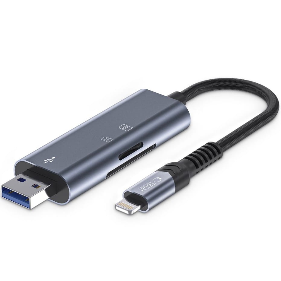 Image of Zewnętrzny czytnik kart Tech Protect Ultraboost card reader SD / Micro SD, Lightning - USB-A, szary