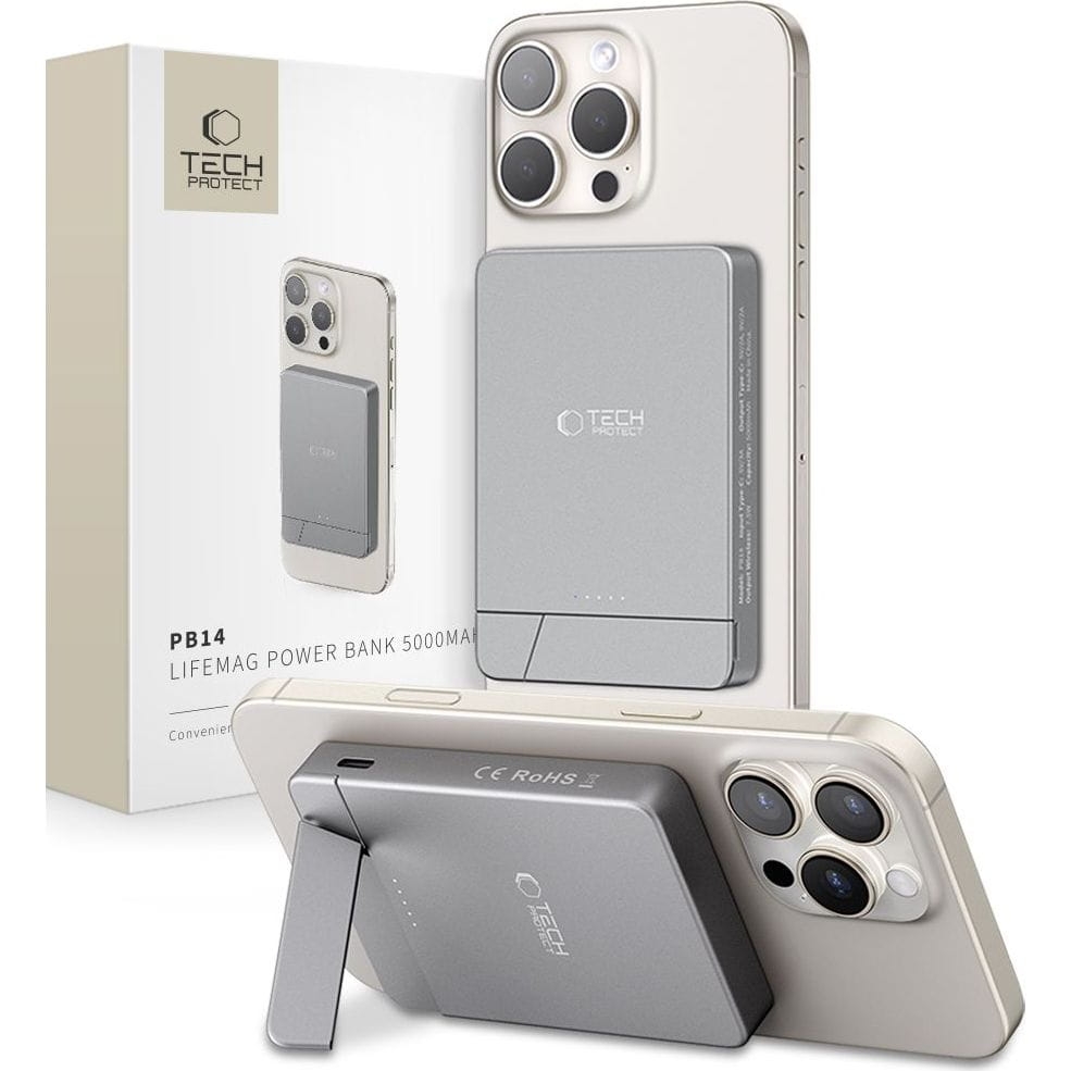 Image of Powerbank indukcyjny Tech-Protect LifeMag PB14 do MagSafe, USB-C, 7,5W, 5000mAh + kabel USB-C, szary