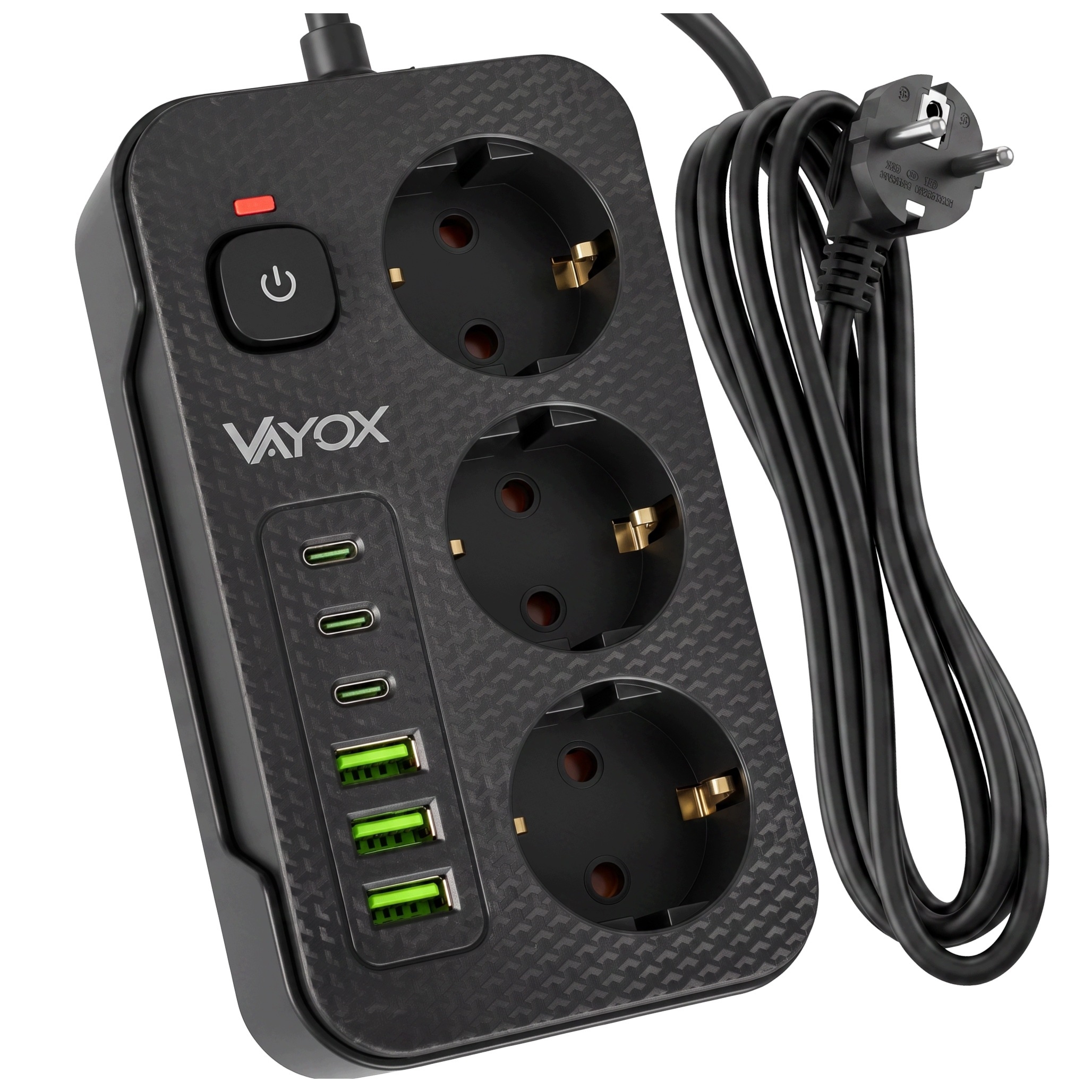 Listwa zasilająca/przedłużacz Vayox VA0468B-5, 3x gniazdo sieciowe Schuko, 3x USB-C, 3x USB-A, wraz z kablem 5m, czarna