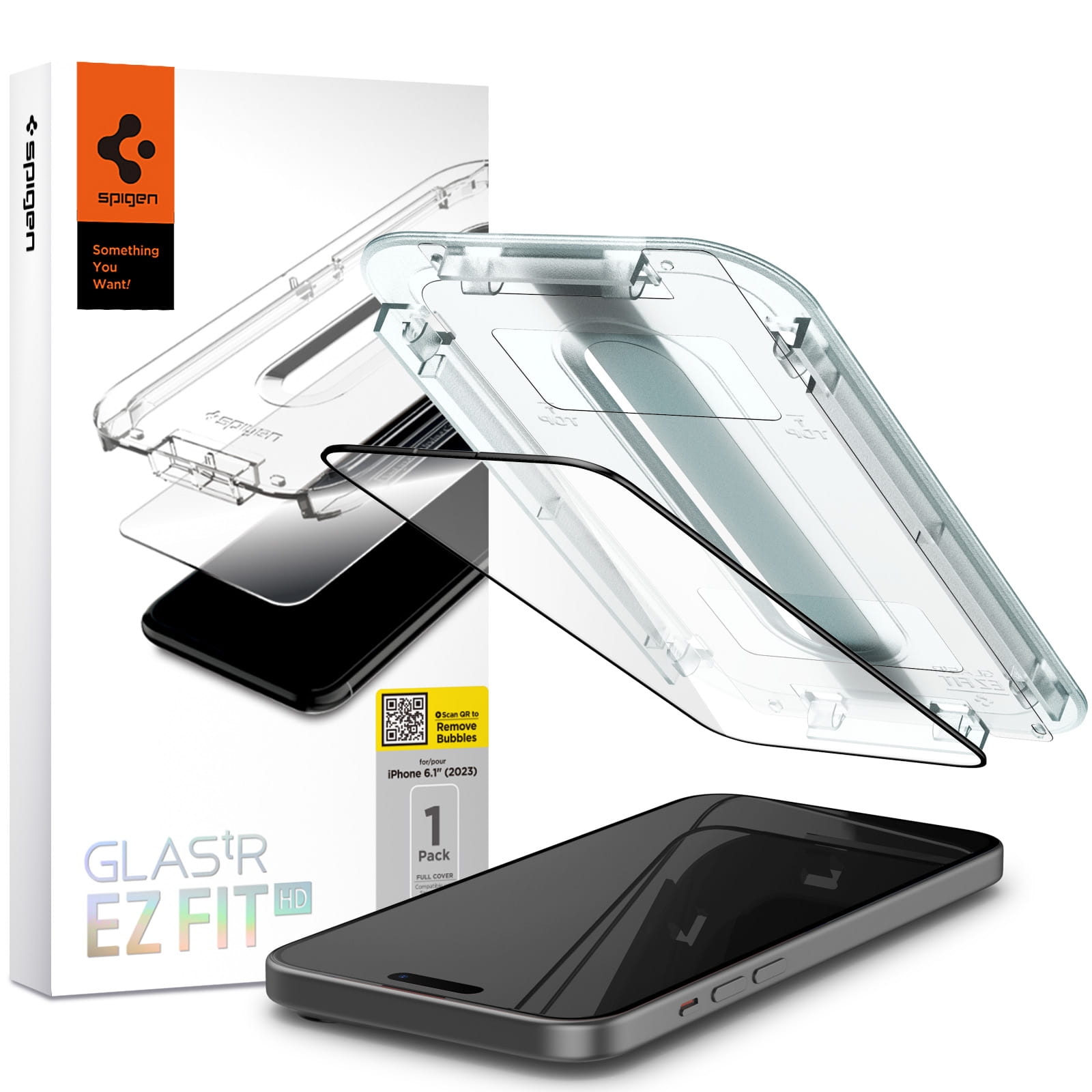 Image of Szkło do etui + Aplikator Spigen Glas.tR EZ Fit FC 1-Pack do iPhone 15, z czarną ramką