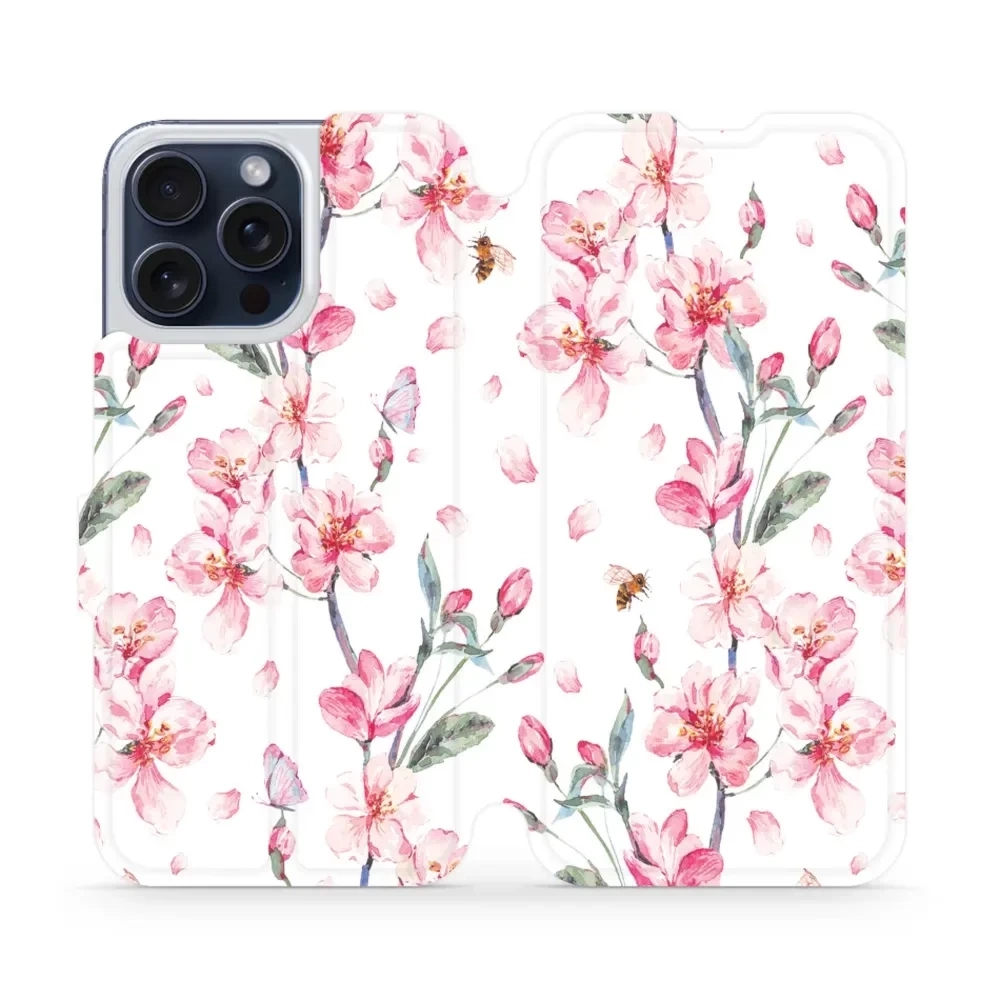 Etui z klapką do iPhone 15 Pro Max, Mobiwear Book, różowa wiosna