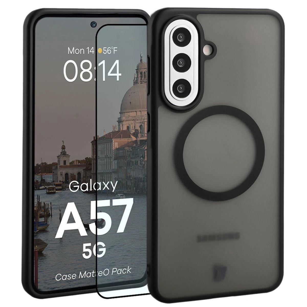 Etui z pierścieniem magnetycznym + szkło hartowane Bizon MatteO Pack do Galaxy A57 5G, przydymione-czarne