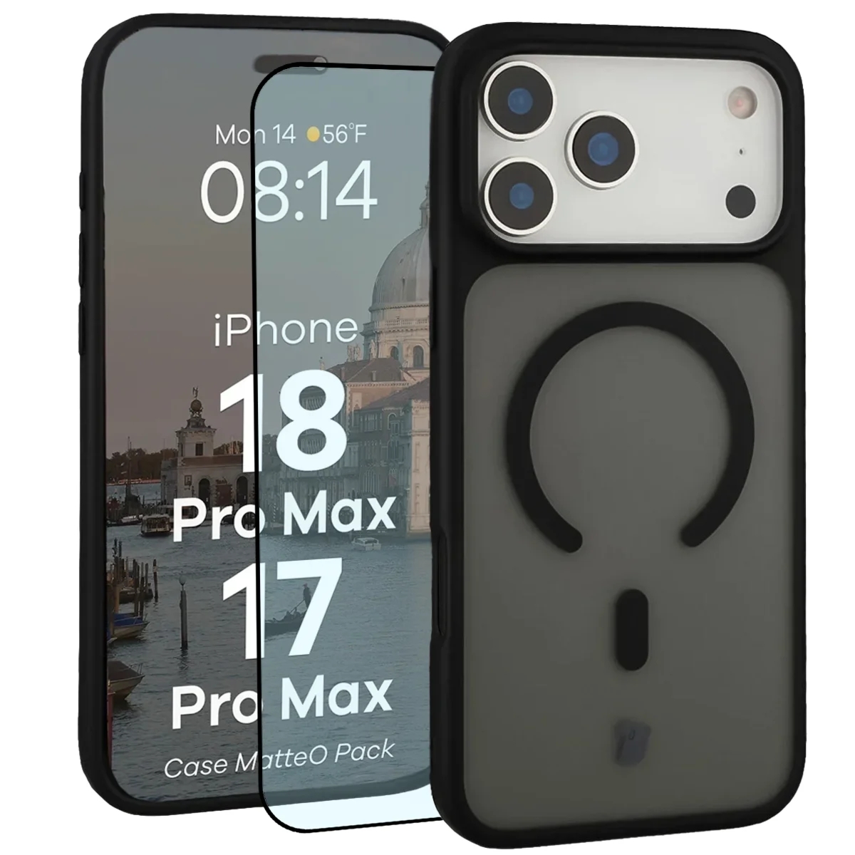 Etui z pierścieniem magnetycznym + szkło hartowane Bizon MatteO Pack do iPhone 18 Pro Max / 17 Pro Max, przydymione-czarne