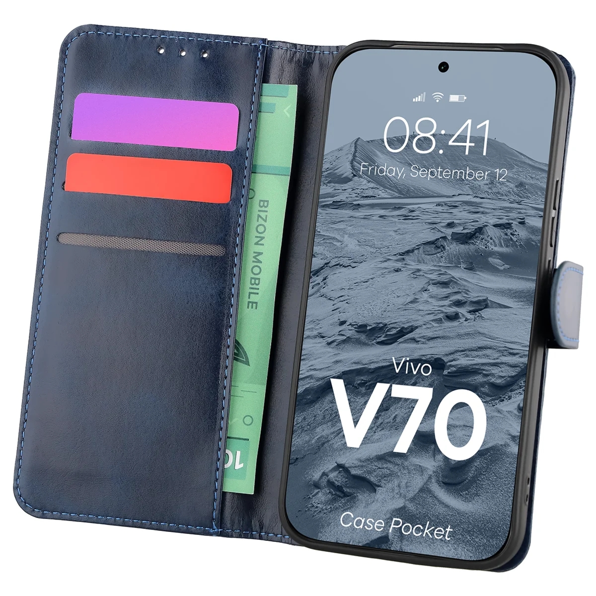 Etui z klapką Bizon Case Pocket do Vivo V70 5G, granatowe