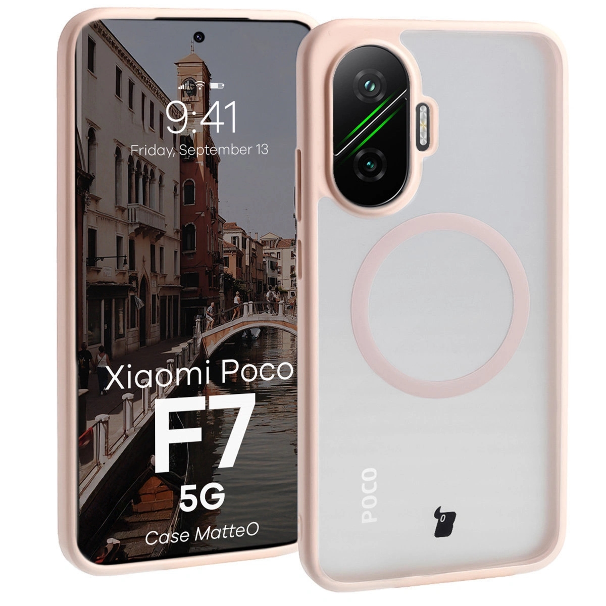 Etui z pierścieniem magnetycznym Bizon Case MatteO do Xiaomi POCO F7, przydymione-różowe