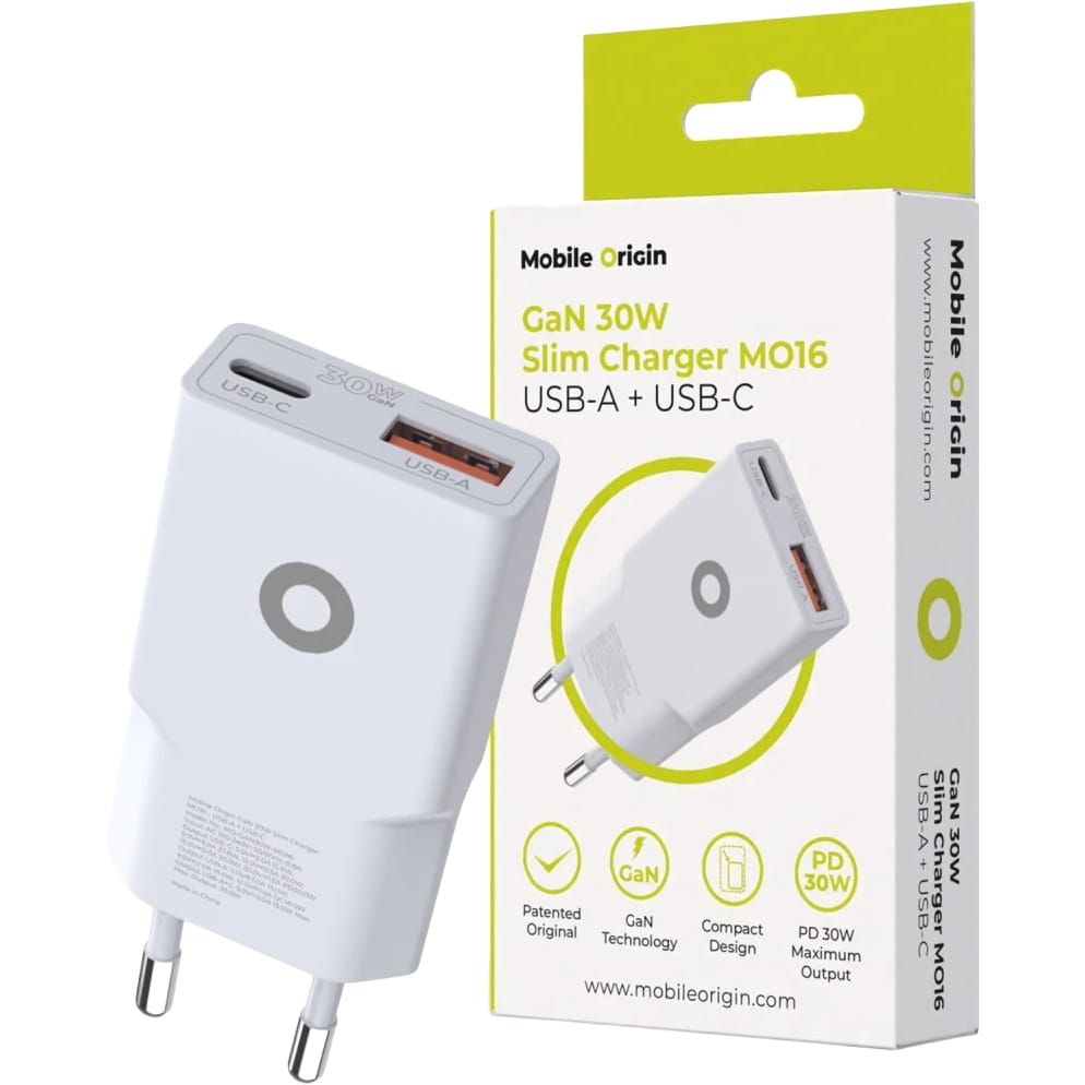 Image of Ładowarka sieciowa Mobile Origin Slim Charger M016 30W, USB-C, USB-A, biała