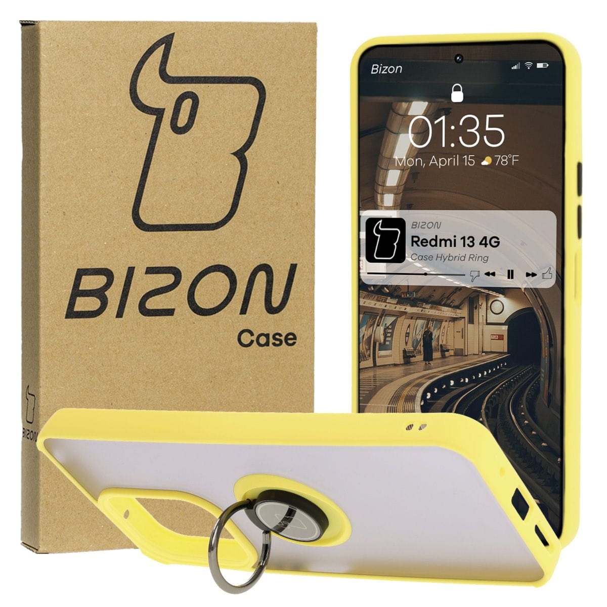Etui z uchwytem na palec Bizon Case Hybrid Ring do Xiaomi Redmi 13 4G, przydymione z żółtą ramką