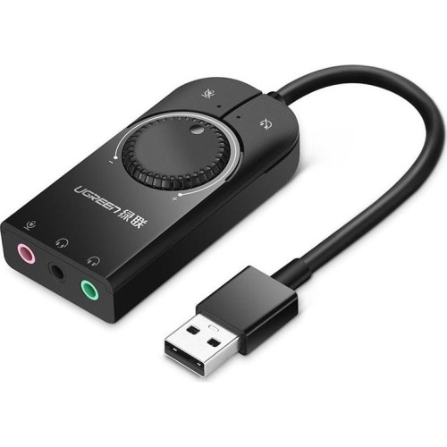 Image of Zewnętrzna karta dźwiękowa muzyczna / adapter USB Ugreen 3,5 mm mini jack z regulacją głośności, 15cm, czarny