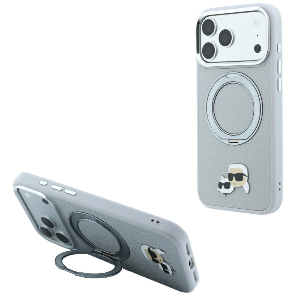 Etui Karl Lagerfeld Ring Stand 360 Karl Choupette Heads Pin do iPhone 18 Pro / 17 Pro do MagSafe, szare