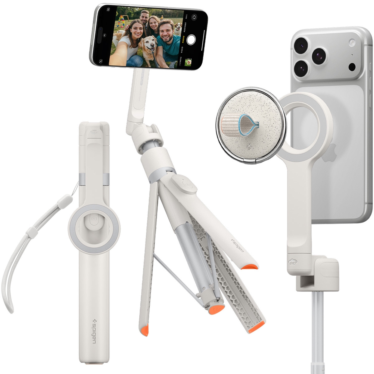 OUTLET: Uchwyt, kijek, statyw Spigen S582W Bluetooth Selfie Stick Tripod z pilotem Bluetooth, beżowy