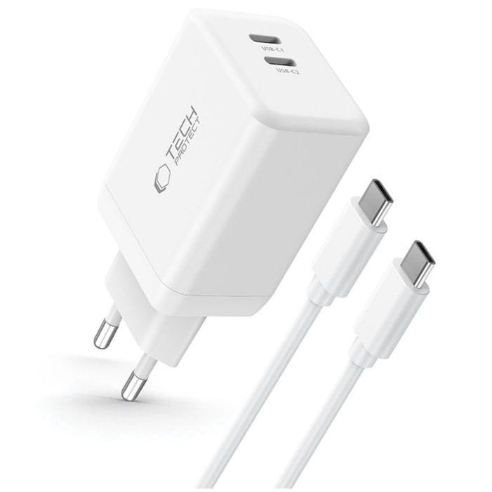 Image of Ładowarka sieciowa Tech-Protect 45W GaN Dual Port Network Charger USB-C + kabel, biała